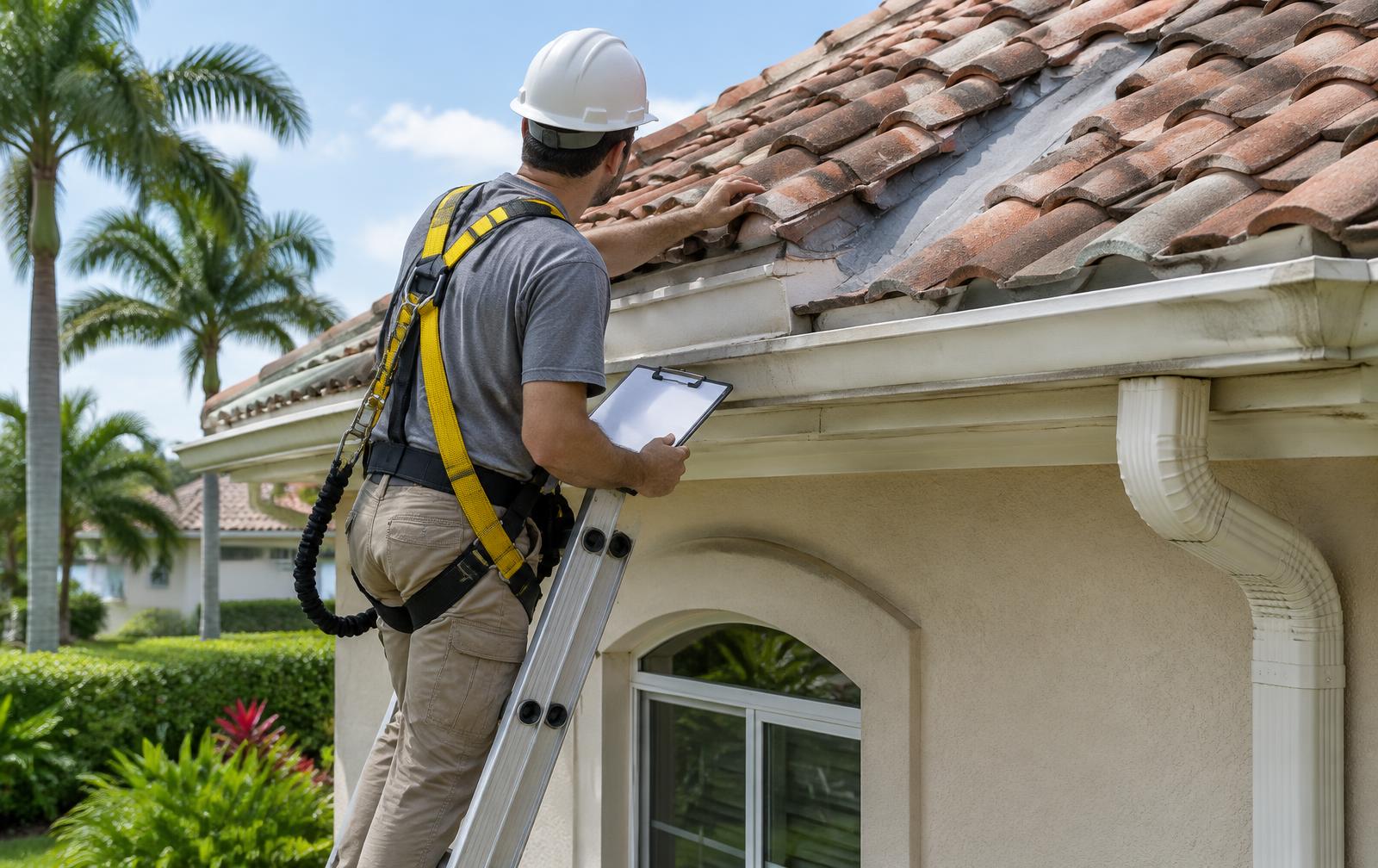 Roof inspector on a ladder examining tile flashing and gutters on a South Florida home