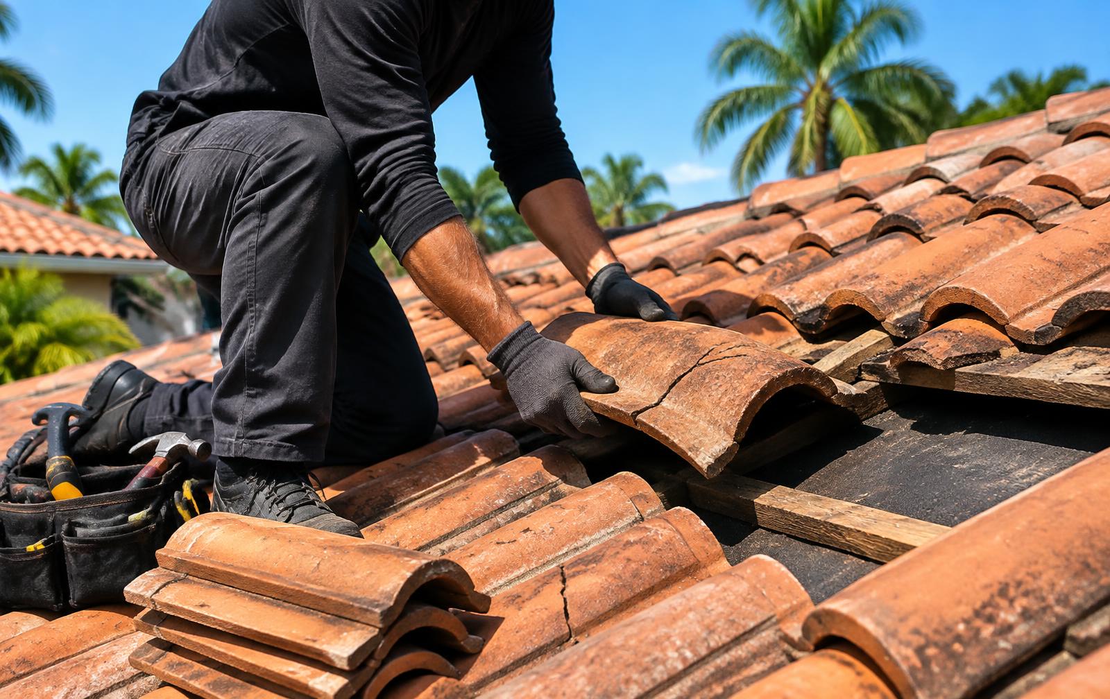 Roofer replacing a cracked clay barrel tile on a South Florida tile roof